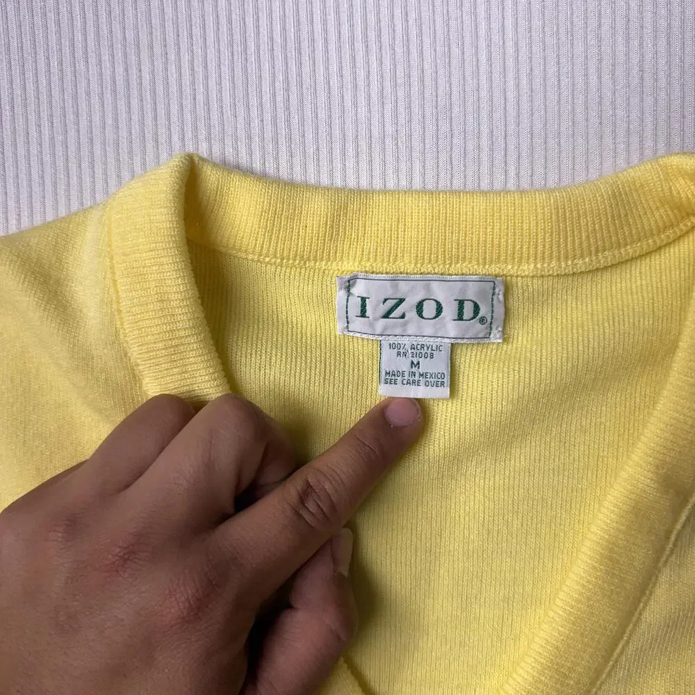 IZOD Sweater Mens M Yellow Acrylic V Neck Embroidered Crest Knit Pullover